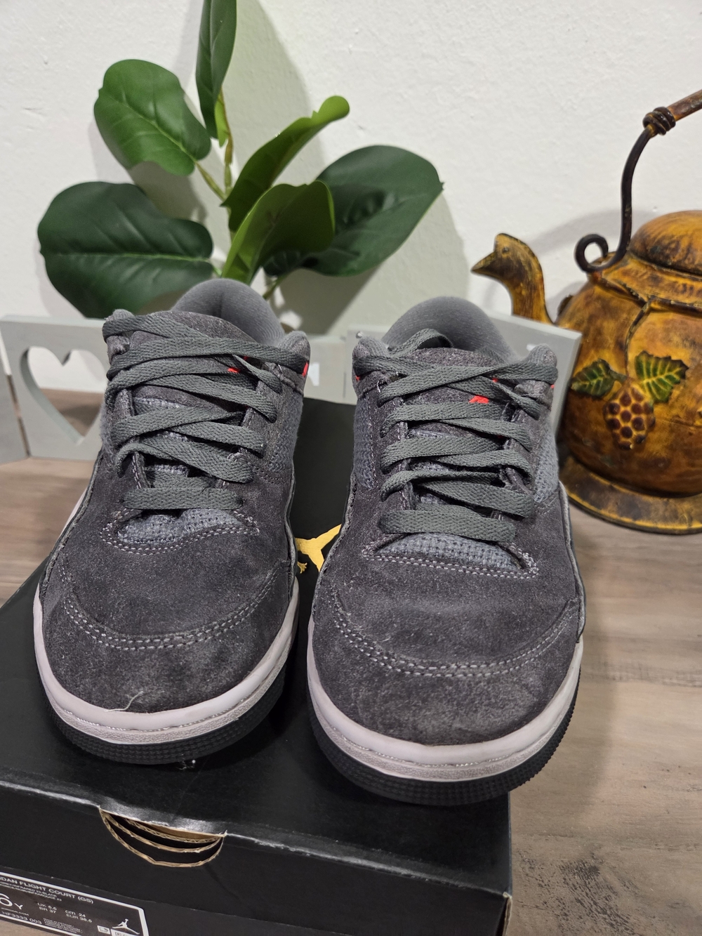 Jordan Men's Charcoal Gray Suede Low-Top Sneakers with Subtle Red Accents